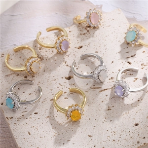 Fashion Oval Halo Ring Copper Micro Pave Zirconia Adjustable Open Finger Jewelry Candy Color For Women