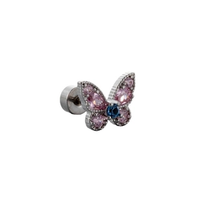 Clou d'oreille papillon en acier titane argenté avec ailes en zircon rose et gemme bleue