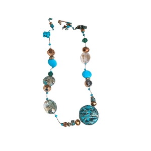 Bohemian style multi-layer beaded necklace with turquoise stones and bronze accents