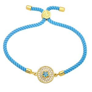 Adjustable sky blue woven cord bracelet with zircon star pendant and gold accents