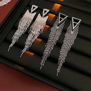 Triangle Geometric Long Tassel Earrings With Rhinestones Copper Base Silver Earring Post Elegant Party Jewelry For Women