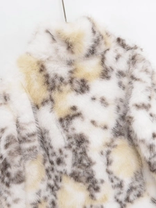 Close-up of leopard print faux fur coat featuring soft texture and stylish stand collar