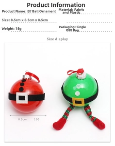 Detailed view of Santa and Elf themed transparent Christmas ball ornaments with felt belts
