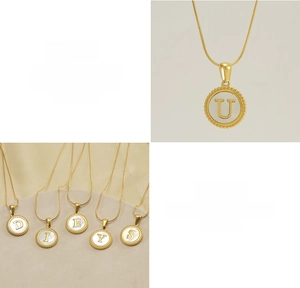 Detailed macro of 18K gold plated stainless steel snake chain and shell letter pendants