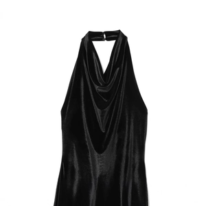 Robe midi élégante en velours noir pour femme avec texture brillante et drapé gracieux