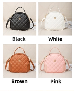 Detailed view of quilted dome handbags in black, white, brown, and pink with gold floral logo