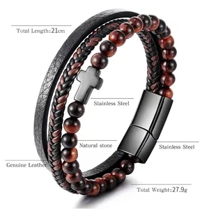 Multi-layer men's bracelet with tiger eye beads, leather, and steel cross charm