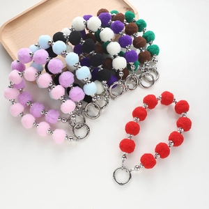 Colorful plush ball beaded wristlet keychain with silver round spring buckle for bag