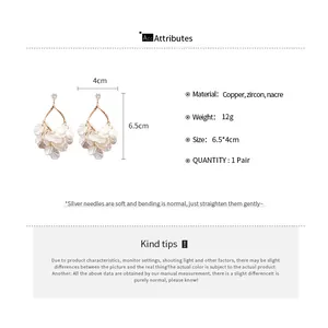 Size chart showing 6.5x4cm pearl tassel earrings with copper and zircon material details