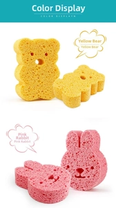 Detail showing soft yellow bear and pink rabbit cartoon wood pulp baby bath sponges