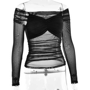 Detail of black off-the-shoulder mesh top with ruched bust and sheer tight long sleeves