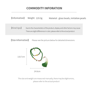 Detailed size chart showing green beaded tassel necklace length and material specs