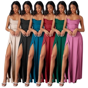 Robe Longue En Satin Col Bénitier Dos Nu Fente Haute Sexy Soirée Robe De Bal Coupe Ajustée Bretelles Spaghetti