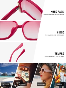 Detalles de gafas de sol magenta de gran tamaño con almohadillas nasales y bisagras