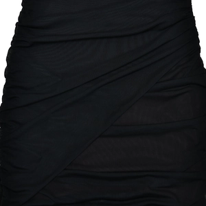 Detail view of the black pleated mesh fabric on the sexy slim-fit sleeveless dress