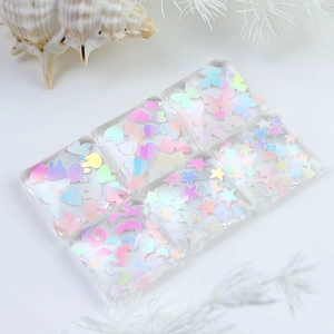 Detailed view of 12-grid holographic nail art sequins featuring butterfly and star shapes