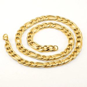 Polished 18K gold plated stainless steel Figaro chain necklace for men on white background