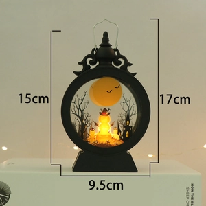 Detail view of Halloween lantern with LED pumpkin and castle, 15cm height dimensions
