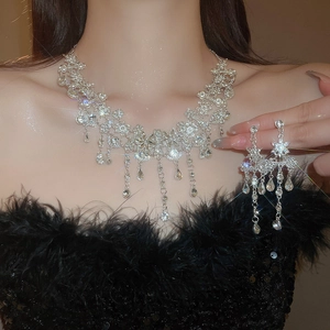 Détail du collier à fleurs argenté et boucles d'oreilles en cristal avec des glands