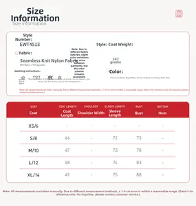 Detailed size chart for seamless yoga jacket with measurements and fabric composition