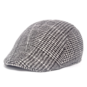 Winter wool newsboy cap featuring a grey and black houndstooth pattern for men