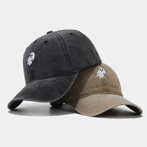 Washed cotton baseball caps in dark grey and khaki featuring cute ghost embroidery
