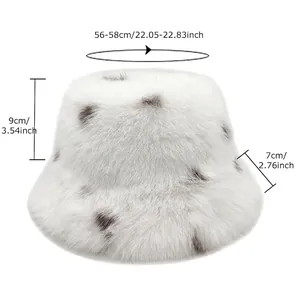 Faux fox fur white bucket hat with leopard spots and size chart measurements