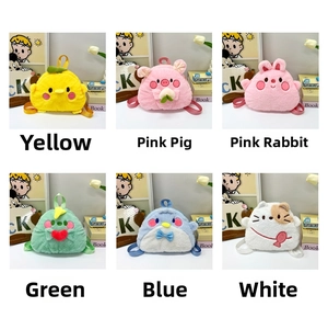Collage of plush animal backpacks featuring chicken, pig, bunny and penguin designs