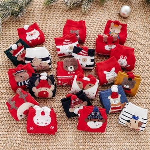 Cartoon Christmas socks set with 3D pom-poms featuring Santa and reindeer designs