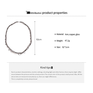 Detail specifications of multi-layer glass bead necklace showing 92cm length and materials