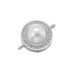 Silver round pearl connector with cubic zirconia circles for DIY jewelry making
