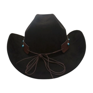 Detail of black felt cowboy hat featuring brown leather band with turquoise bead accents