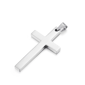 Polished silver stainless steel cross pendant with a minimalist design on white background