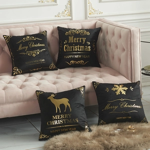 Christmas Pillowcase Black Velvet Gold Stamped Reindeer Snowflake Square Cushion Cover For Home Sofa Office Decor