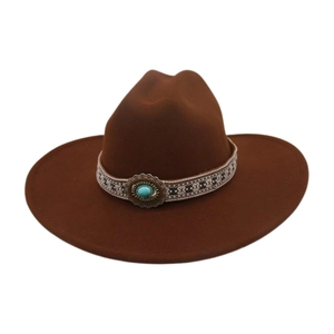 Western Cowboy Hat Wide Brim Wool Felt Ethnic Embroidered Band Turquoise Decor Retro Bohemian Jazz Sunshade Hat
