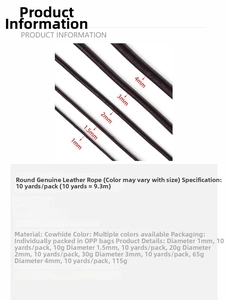 Specifications chart for round genuine cowhide leather cords in multiple diameters