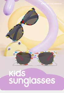 Close-up of kids dinosaur print sunglasses in blue and white frames with dark lenses