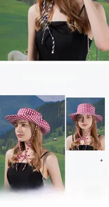 Detail of checkered sun hat with adjustable drawstring for outdoor UV protection