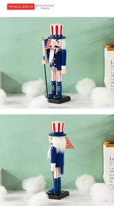 Detailed views of Uncle Sam Nutcracker with American flag on marble table backdrop