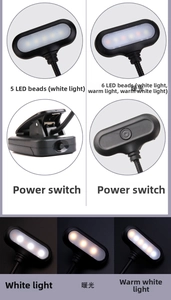Detail view of black clip-on LED lamp with flexible neck and triple color modes
