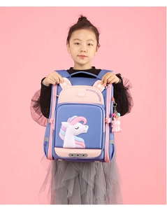 Close-up of kids backpack featuring a cute unicorn print and matching plush pendant