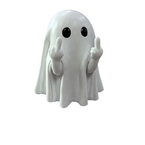 Detail shot of a white ghost figurine showing an offensive middle finger hand gesture