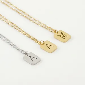 Initial Letter Pendant Necklace Stainless Steel 18K Gold Plated Square Plaque Jewelry Fashion Accessory For Women