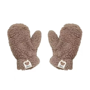 Brown fleece mittens with cute bear tag and hanging neck strap for winter warmth