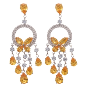 Elegant silver butterfly tassel earrings with yellow crystal drops on white background