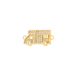 Detail of gold RV camper charm with clear zircons and dual side connection loops
