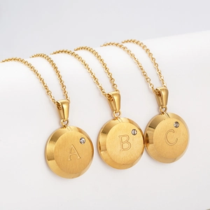 Polished 18K gold plated stainless steel necklaces with round A B C letter pendants