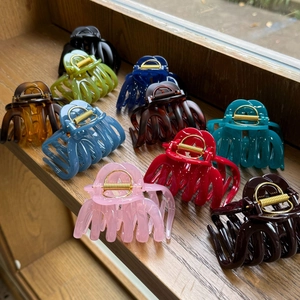 Various colorful large pumpkin hair claws in resin arranged on a sunlit wooden windowsill