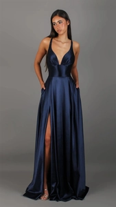Detailed view of dark blue satin formal dress with high slit and convenient side pocket
