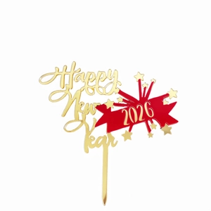 Detailed macro shot of gold and red acrylic 2026 Happy New Year cake topper design